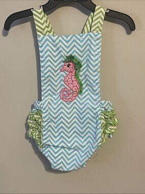 Pink Seahorse Applique romper girls 12 month ruffle